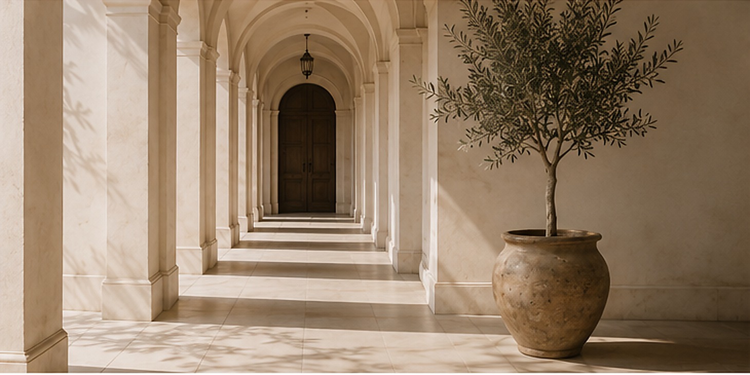 Sunlit private architectural corridor