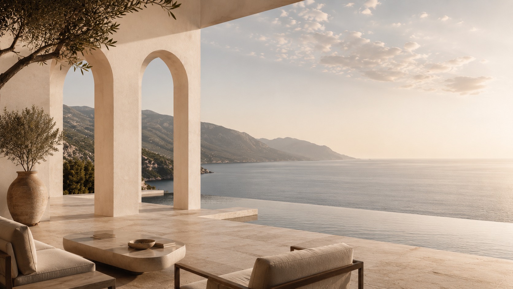 Modern Mediterranean arch terrace overlooking the sea